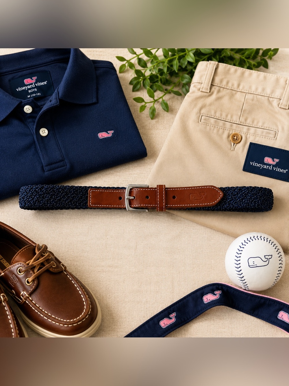 Vineyard Vines Boys Braided Stretch Belt Navy Blue Brown Leather Size 28